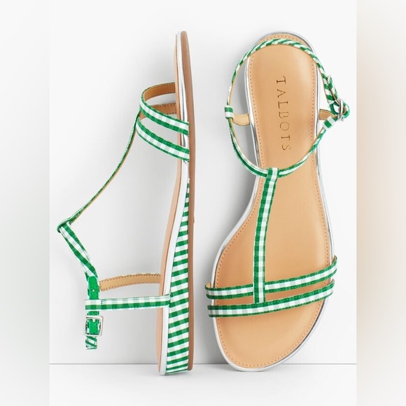 Talbots DAISY MICRO-WEDGE SANDALS - GINGHAM Green White - Picture 1 of 10